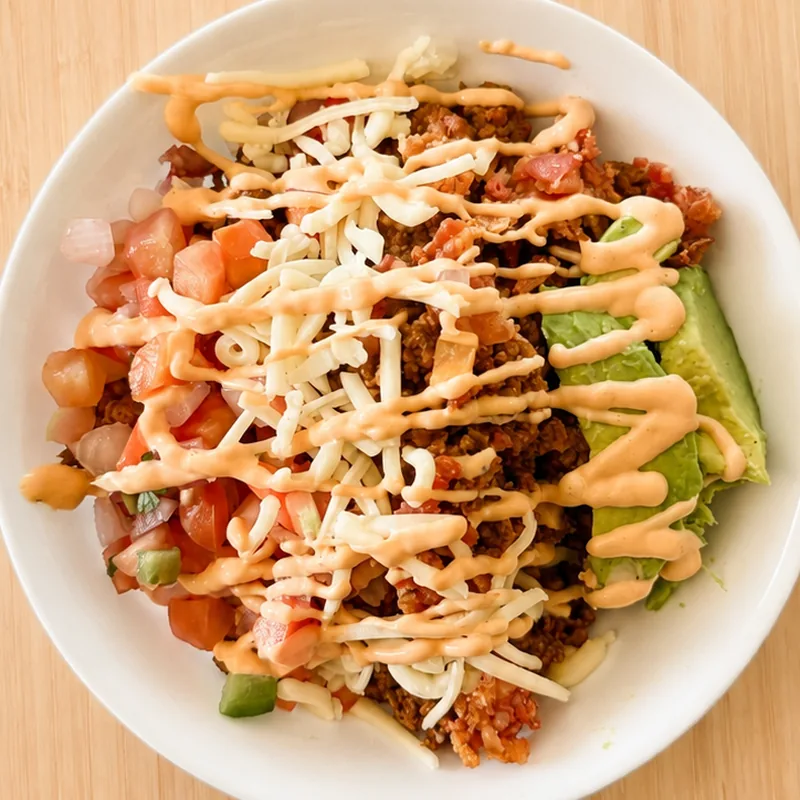 Fiesta Burger Bowl, cooked and plated